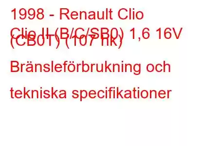 1998 - Renault Clio
Clio II (B/C/SB0) 1,6 16V (CB0T) (107 hk) Bränsleförbrukning och tekniska specifikationer