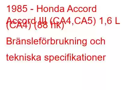 1985 - Honda Accord
Accord III (CA4,CA5) 1,6 L (CA4) (88 hk) Bränsleförbrukning och tekniska specifikationer