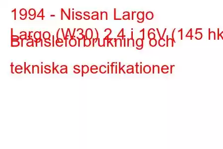 1994 - Nissan Largo
Largo (W30) 2,4 i 16V (145 hk) Bränsleförbrukning och tekniska specifikationer