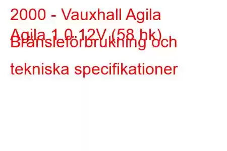 2000 - Vauxhall Agila
Agila 1.0 12V (58 hk) Bränsleförbrukning och tekniska specifikationer