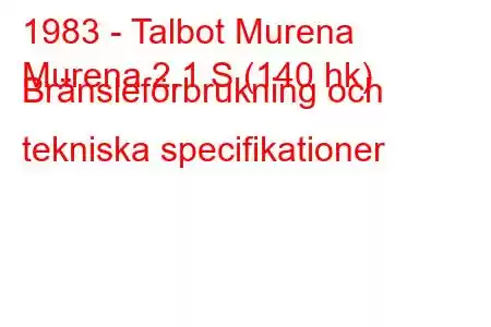 1983 - Talbot Murena
Murena 2.1 S (140 hk) Bränsleförbrukning och tekniska specifikationer