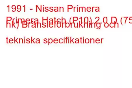 1991 - Nissan Primera
Primera Hatch (P10) 2.0 D (75 hk) Bränsleförbrukning och tekniska specifikationer