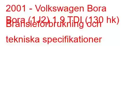 2001 - Volkswagen Bora
Bora (1J2) 1.9 TDI (130 hk) Bränsleförbrukning och tekniska specifikationer