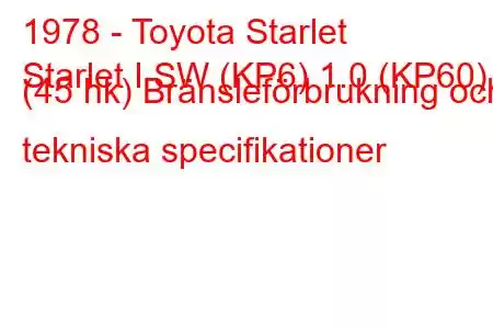 1978 - Toyota Starlet
Starlet I SW (KP6) 1.0 (KP60) (45 hk) Bränsleförbrukning och tekniska specifikationer