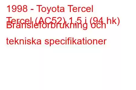 1998 - Toyota Tercel
Tercel (AC52) 1,5 i (94 hk) Bränsleförbrukning och tekniska specifikationer