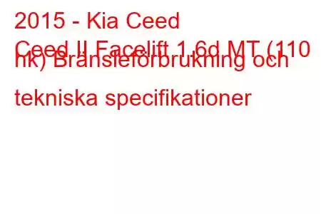 2015 - Kia Ceed
Ceed II Facelift 1.6d MT (110 hk) Bränsleförbrukning och tekniska specifikationer