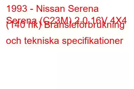 1993 - Nissan Serena
Serena (C23M) 2.0 16V 4X4 (140 hk) Bränsleförbrukning och tekniska specifikationer