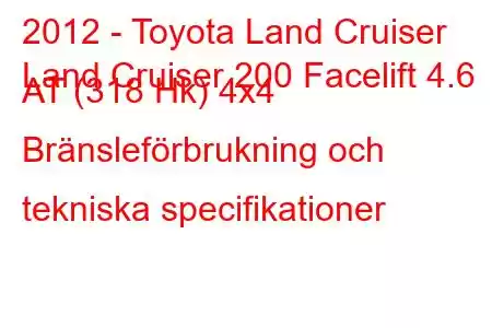 2012 - Toyota Land Cruiser
Land Cruiser 200 Facelift 4.6 AT (318 Hk) 4x4 Bränsleförbrukning och tekniska specifikationer