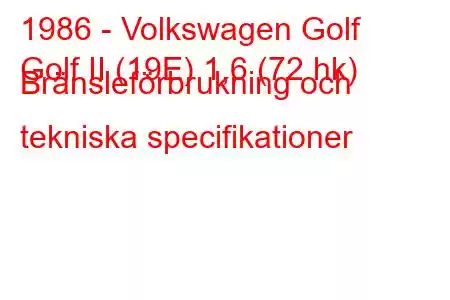 1986 - Volkswagen Golf
Golf II (19E) 1,6 (72 hk) Bränsleförbrukning och tekniska specifikationer