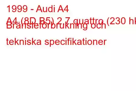 1999 - Audi A4
A4 (8D,B5) 2,7 quattro (230 hk) Bränsleförbrukning och tekniska specifikationer