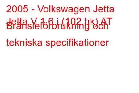 2005 - Volkswagen Jetta
Jetta V 1.6 i (102 hk) AT Bränsleförbrukning och tekniska specifikationer