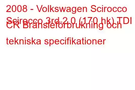 2008 - Volkswagen Scirocco
Scirocco 3rd 2.0 (170 hk) TDI CR Bränsleförbrukning och tekniska specifikationer