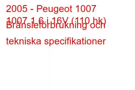 2005 - Peugeot 1007
1007 1.6 i 16V (110 hk) Bränsleförbrukning och tekniska specifikationer