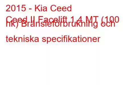 2015 - Kia Ceed
Ceed II Facelift 1,4 MT (100 hk) Bränsleförbrukning och tekniska specifikationer