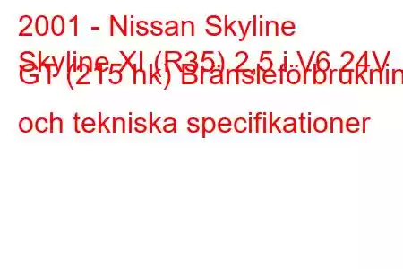 2001 - Nissan Skyline
Skyline XI (R35) 2,5 i V6 24V GT (215 hk) Bränsleförbrukning och tekniska specifikationer