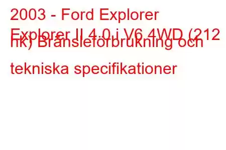 2003 - Ford Explorer
Explorer II 4.0 i V6 4WD (212 hk) Bränsleförbrukning och tekniska specifikationer