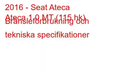 2016 - Seat Ateca
Ateca 1.0 MT (115 hk) Bränsleförbrukning och tekniska specifikationer