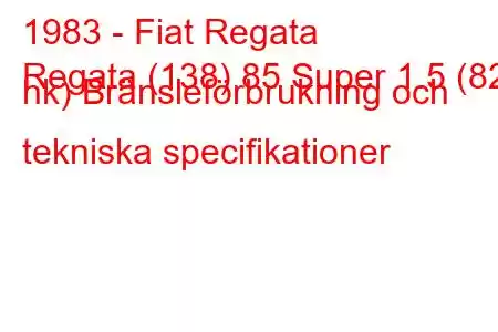 1983 - Fiat Regata
Regata (138) 85 Super 1.5 (82 hk) Bränsleförbrukning och tekniska specifikationer