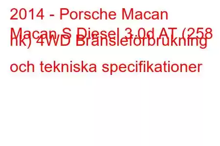 2014 - Porsche Macan
Macan S Diesel 3.0d AT (258 hk) 4WD Bränsleförbrukning och tekniska specifikationer