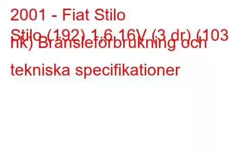 2001 - Fiat Stilo
Stilo (192) 1,6 16V (3 dr) (103 hk) Bränsleförbrukning och tekniska specifikationer