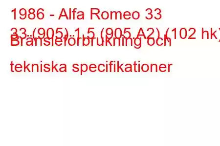 1986 - Alfa Romeo 33
33 (905) 1,5 (905.A2) (102 hk) Bränsleförbrukning och tekniska specifikationer