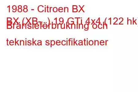 1988 - Citroen BX
BX (XB-_) 19 GTi 4x4 (122 hk) Bränsleförbrukning och tekniska specifikationer