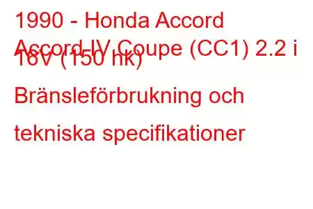 1990 - Honda Accord
Accord IV Coupe (CC1) 2.2 i 16V (150 hk) Bränsleförbrukning och tekniska specifikationer