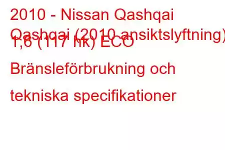 2010 - Nissan Qashqai
Qashqai (2010 ansiktslyftning) 1,6 (117 hk) ECO Bränsleförbrukning och tekniska specifikationer