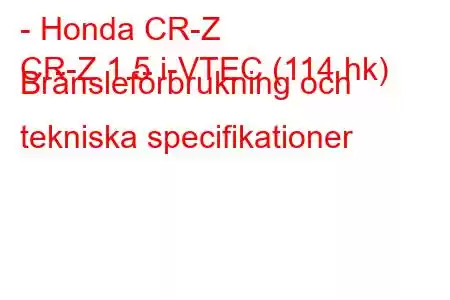 - Honda CR-Z
CR-Z 1.5 i-VTEC (114 hk) Bränsleförbrukning och tekniska specifikationer