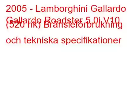 2005 - Lamborghini Gallardo
Gallardo Roadster 5.0i V10 (520 hk) Bränsleförbrukning och tekniska specifikationer