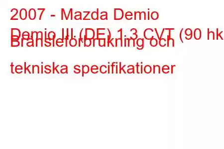 2007 - Mazda Demio
Demio III (DE) 1.3 CVT (90 hk) Bränsleförbrukning och tekniska specifikationer