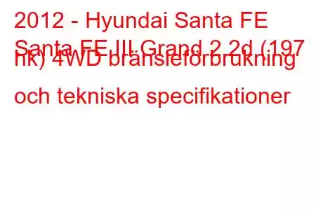 2012 - Hyundai Santa FE
Santa FE III Grand 2.2d (197 hk) 4WD bränsleförbrukning och tekniska specifikationer