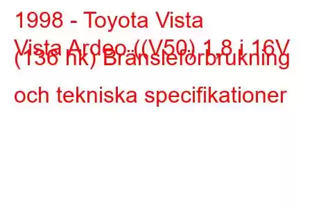 1998 - Toyota Vista
Vista Ardeo ((V50) 1,8 i 16V (136 hk) Bränsleförbrukning och tekniska specifikationer