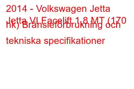 2014 - Volkswagen Jetta
Jetta VI Facelift 1,8 MT (170 hk) Bränsleförbrukning och tekniska specifikationer