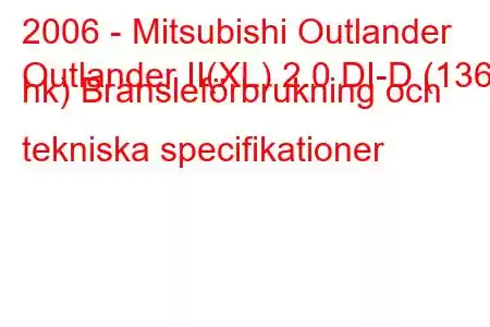 2006 - Mitsubishi Outlander
Outlander II(XL) 2.0 DI-D (136 hk) Bränsleförbrukning och tekniska specifikationer