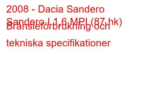 2008 - Dacia Sandero
Sandero I 1,6 MPI (87 hk) Bränsleförbrukning och tekniska specifikationer