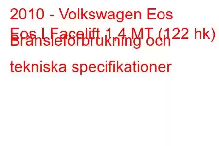 2010 - Volkswagen Eos
Eos I Facelift 1,4 MT (122 hk) Bränsleförbrukning och tekniska specifikationer