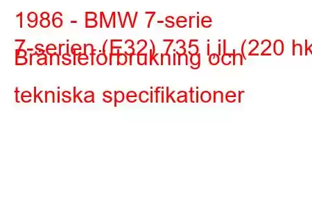 1986 - BMW 7-serie
7-serien (E32) 735 i,iL (220 hk) Bränsleförbrukning och tekniska specifikationer