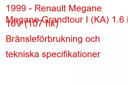 1999 - Renault Megane
Megane Grandtour I (KA) 1.6 i 16V (107 hk) Bränsleförbrukning och tekniska specifikationer