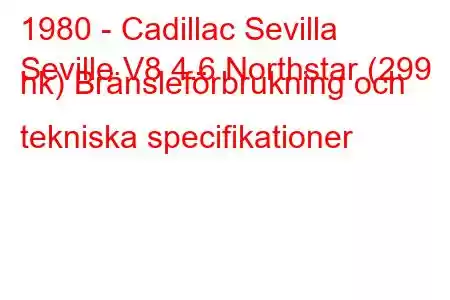 1980 - Cadillac Sevilla
Seville V8 4.6 Northstar (299 hk) Bränsleförbrukning och tekniska specifikationer