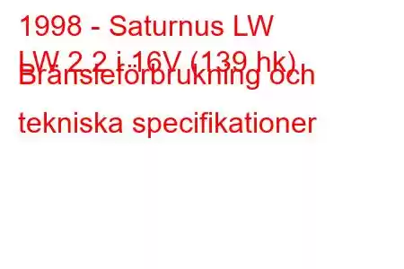 1998 - Saturnus LW
LW 2.2 i 16V (139 hk) Bränsleförbrukning och tekniska specifikationer