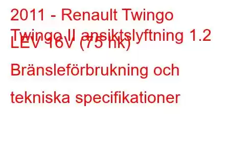 2011 - Renault Twingo
Twingo II ansiktslyftning 1.2 LEV 16V (75 hk) Bränsleförbrukning och tekniska specifikationer