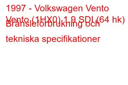 1997 - Volkswagen Vento
Vento (1HX0) 1.9 SDI (64 hk) Bränsleförbrukning och tekniska specifikationer