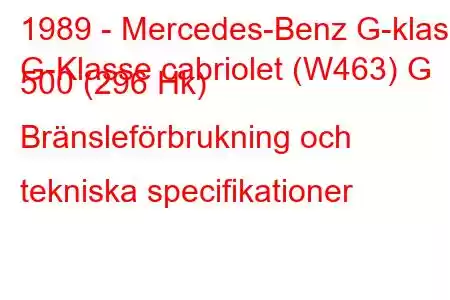 1989 - Mercedes-Benz G-klass
G-Klasse cabriolet (W463) G 500 (296 Hk) Bränsleförbrukning och tekniska specifikationer