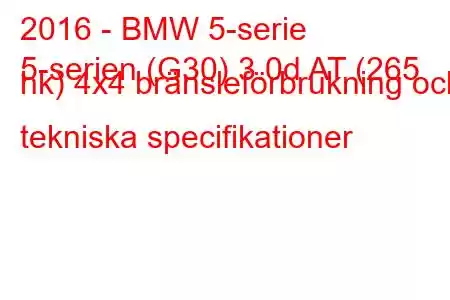 2016 - BMW 5-serie
5-serien (G30) 3.0d AT (265 hk) 4x4 bränsleförbrukning och tekniska specifikationer