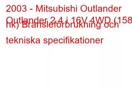 2003 - Mitsubishi Outlander
Outlander 2.4 i 16V 4WD (158 hk) Bränsleförbrukning och tekniska specifikationer