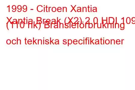 1999 - Citroen Xantia
Xantia Break (X2) 2.0 HDI 109 (110 hk) Bränsleförbrukning och tekniska specifikationer