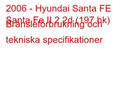 2006 - Hyundai Santa FE
Santa Fe II 2.2d (197 hk) Bränsleförbrukning och tekniska specifikationer