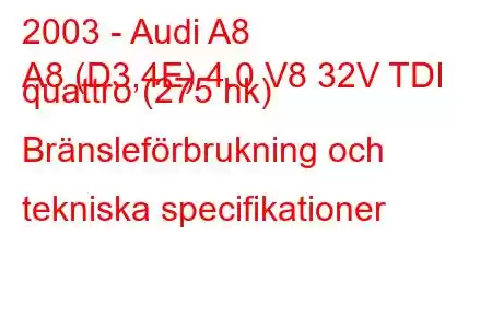 2003 - Audi A8
A8 (D3,4E) 4.0 V8 32V TDI quattro (275 hk) Bränsleförbrukning och tekniska specifikationer