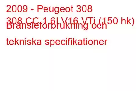 2009 - Peugeot 308
308 CC 1.6I V16 VTi (150 hk) Bränsleförbrukning och tekniska specifikationer